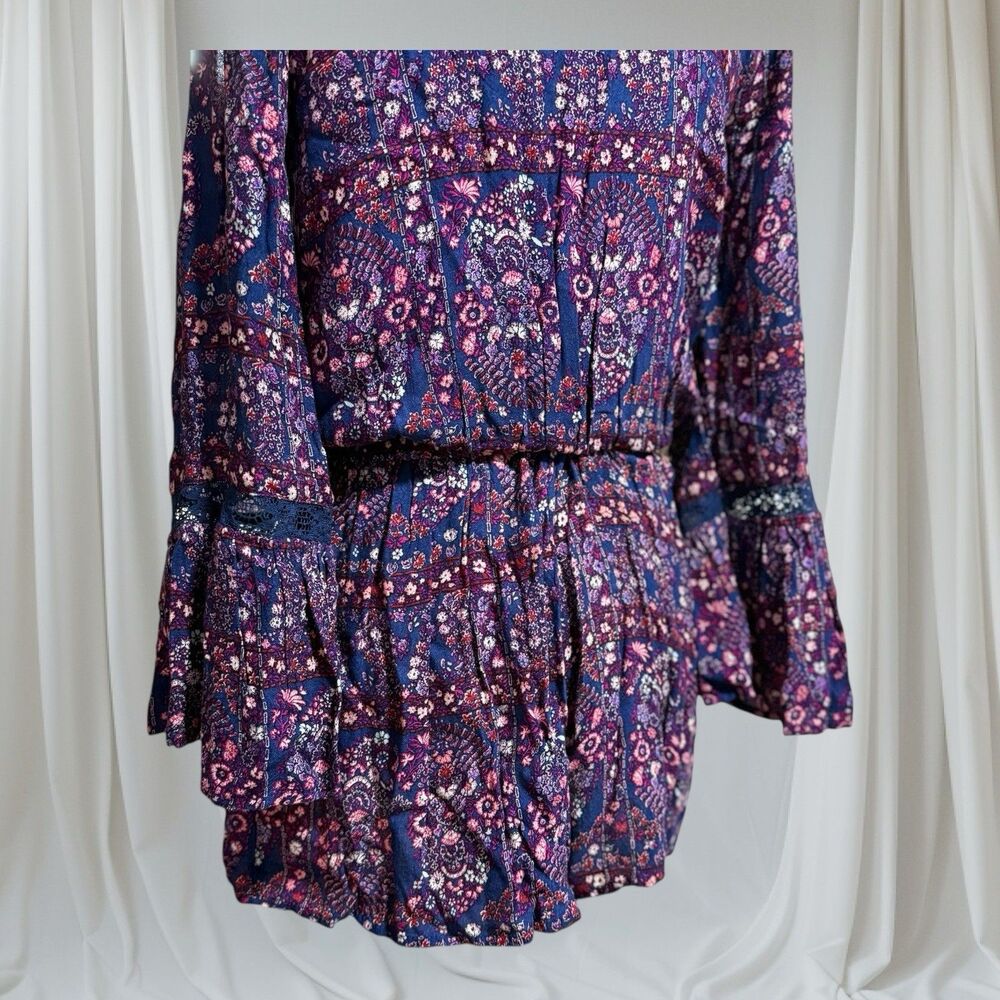 American Eagle Romper Womens Small Blue Floral Boho Bell Sleeve - Picture 5 of 8